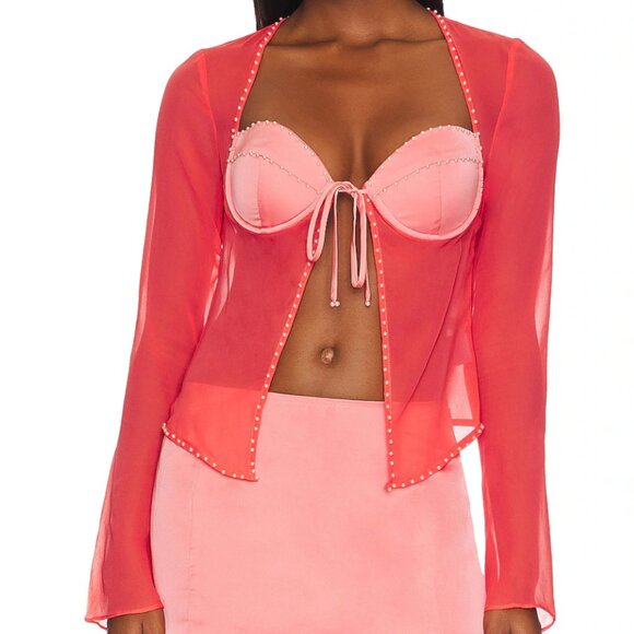 Danielle Guizio Tops - Danielle Guizio Long Sleeve Pearl Trim Top In Punch Silk Size XS